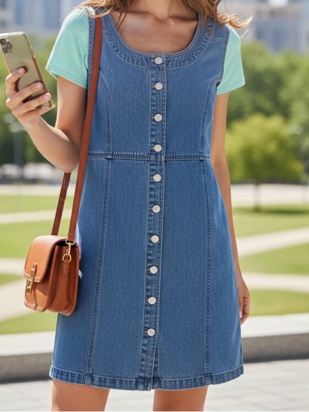VTG Cherokee Denim Sleeveless Dress w Metal Stamped Buttons Down the Front